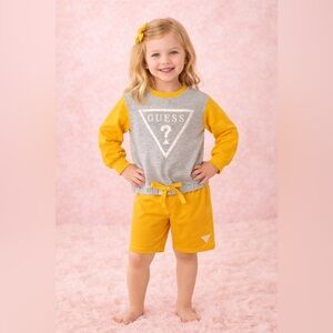 Guess Toddler Girl 2-Piece Grey &Yellow Drawstring Sweatshirt & Bike Shorts Set